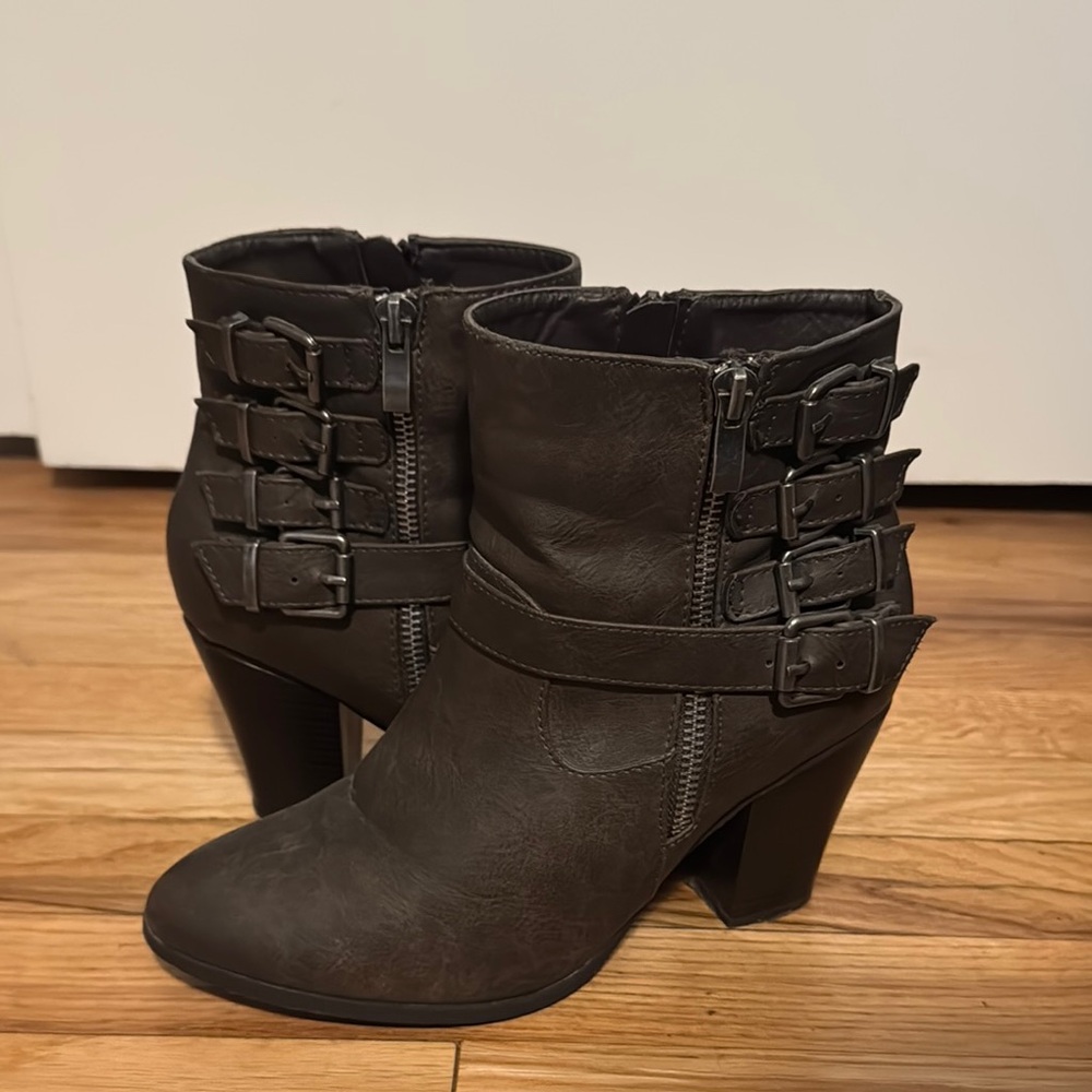 JustFab Dark Brown Heeled Boots with Buckle Detail